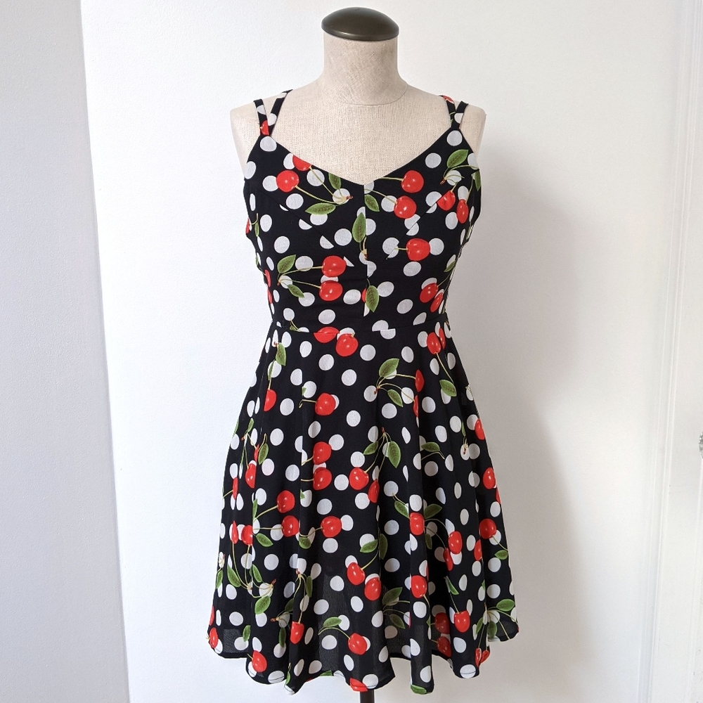 red cherry print spaghetti strap mini dress